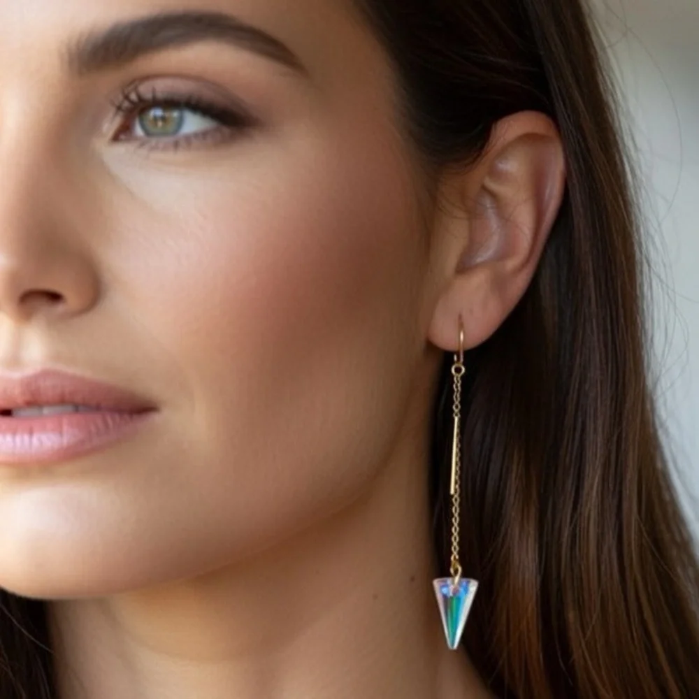 Swarovski Aurora Borealis Spike Crystal Handmade Gold Filled Threader Earrings